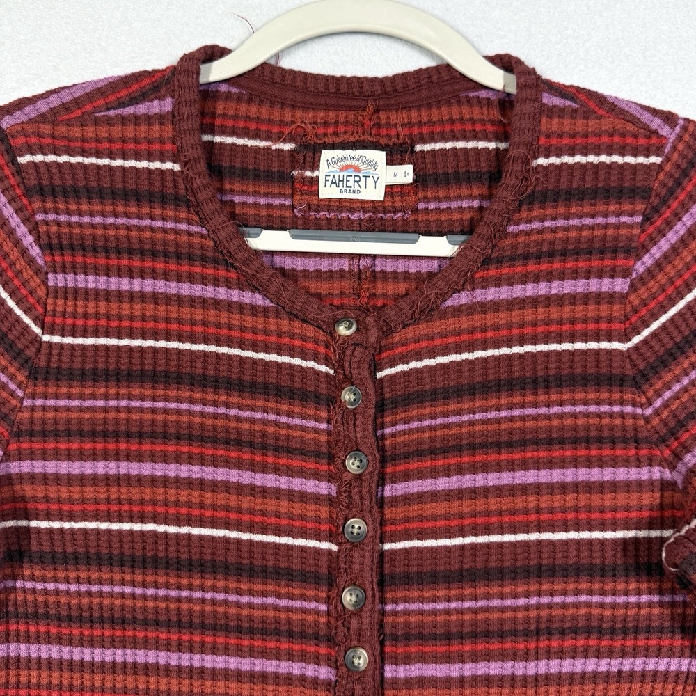Faherty Top Womens Medium Legend Apres Waffle Knit Henley Button Striped Shirt - Picture 2 of 12